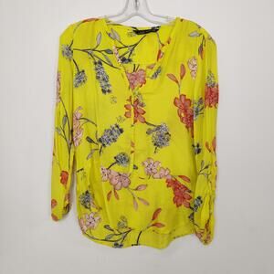 Zara Woman Yellow Floral Tunic Blouse Roll Tab Sleeves Split Neck Lightweight XS